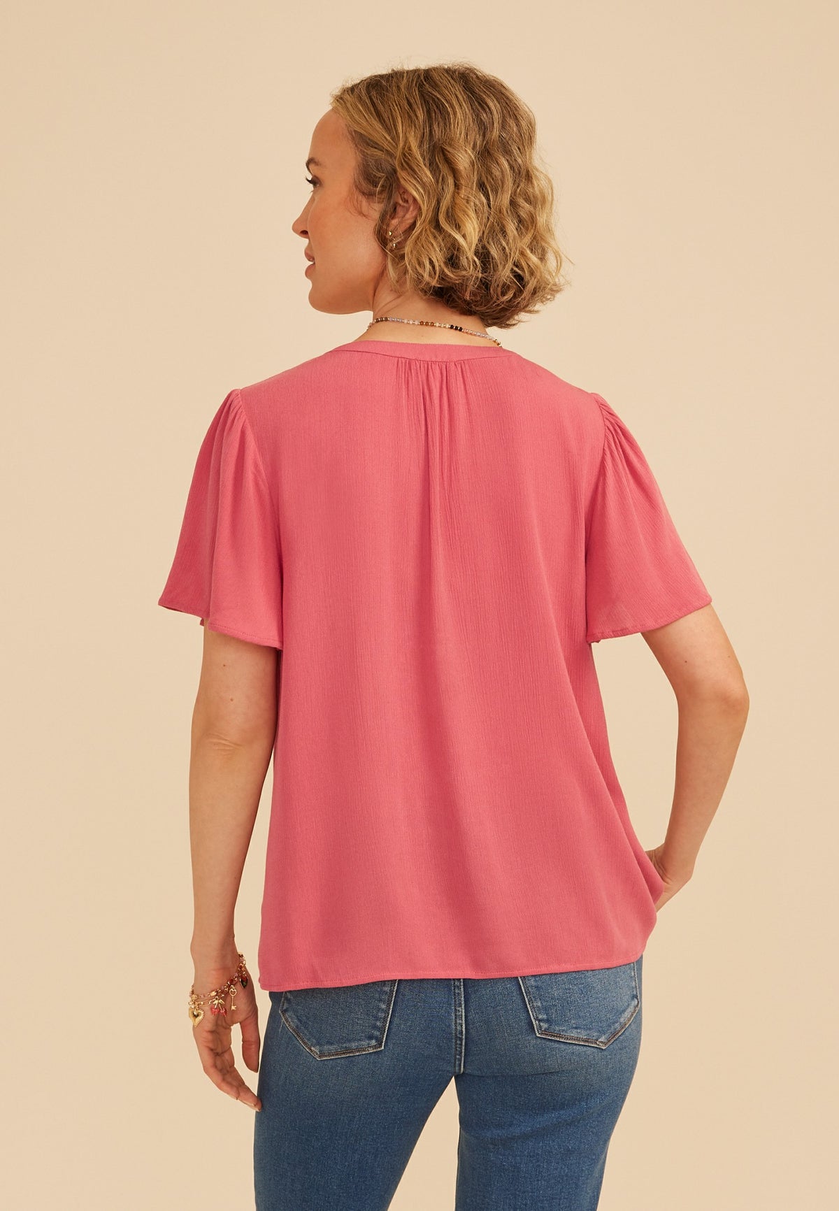 Floral Embroidered Button Front Flutter Sleeve Blouse