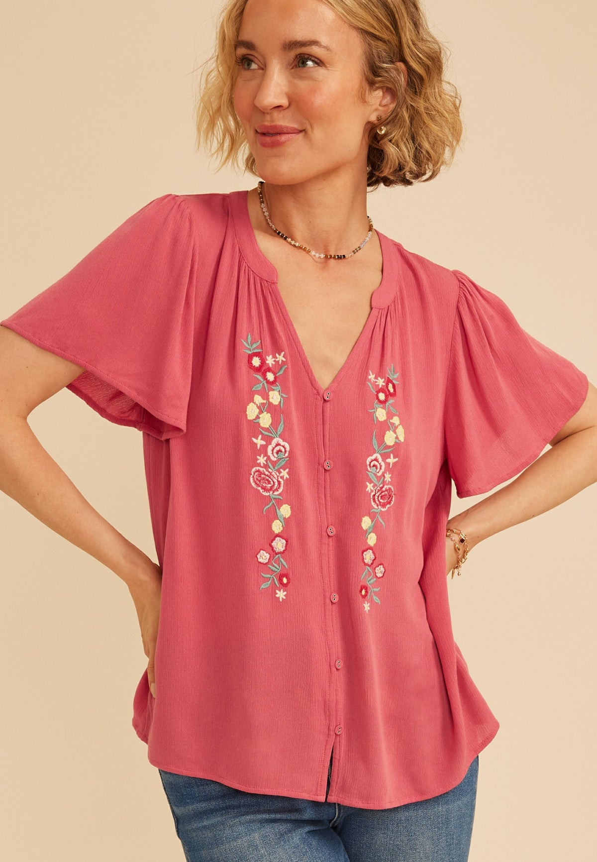 Floral Embroidered Button Front Flutter Sleeve Blouse