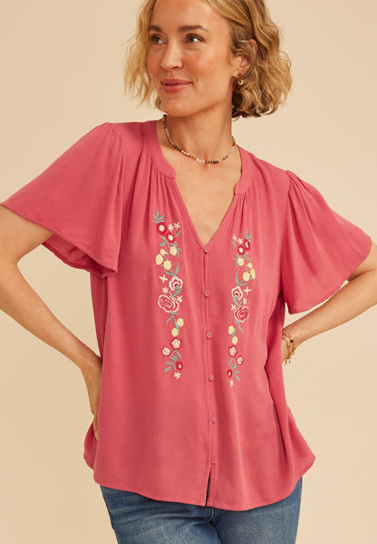 Floral Embroidered Button Front Flutter Sleeve Blouse