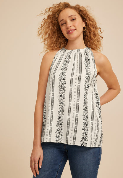 Floral Stripe Halter Neck Tank Top