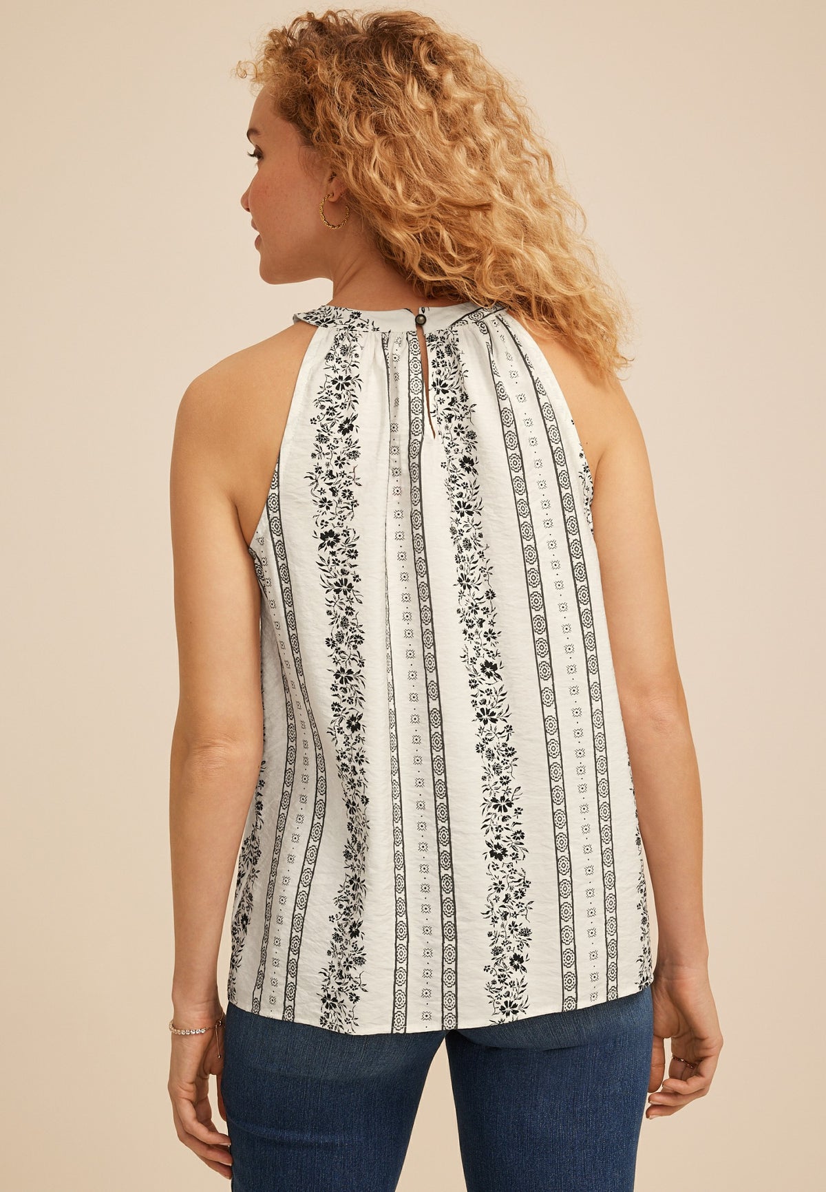 Floral Stripe Halter Neck Tank Top