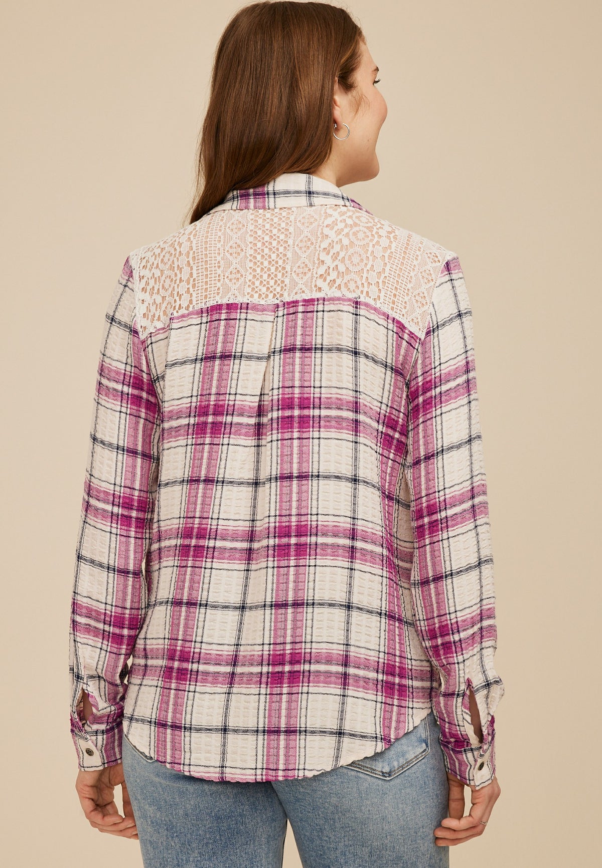Pucker Plaid Lace Back Button Down Shirt