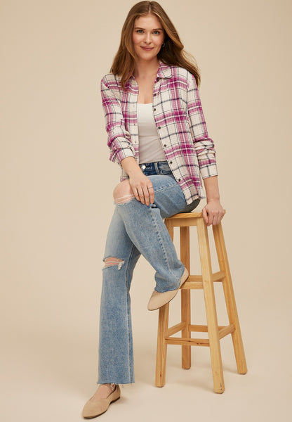 Pucker Plaid Lace Back Button Down Shirt