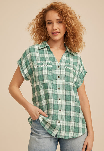 Pucker Plaid Dolman Button Down Shirt