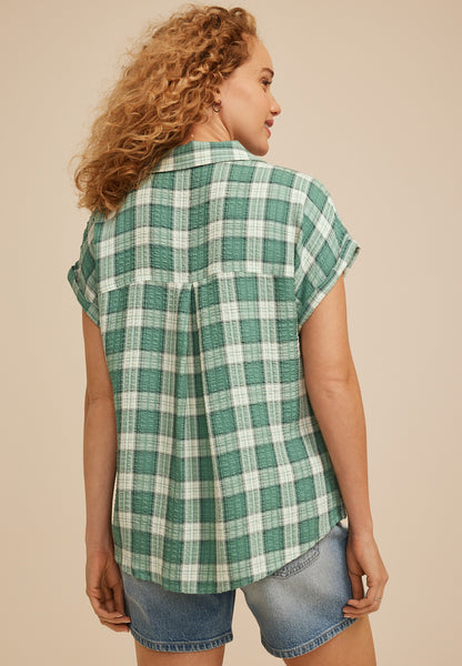 Pucker Plaid Dolman Button Down Shirt