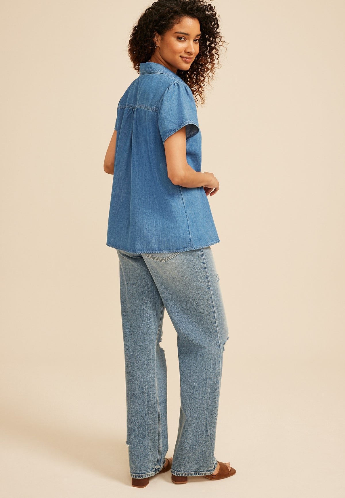 Chambray Button Front Collared Shirt