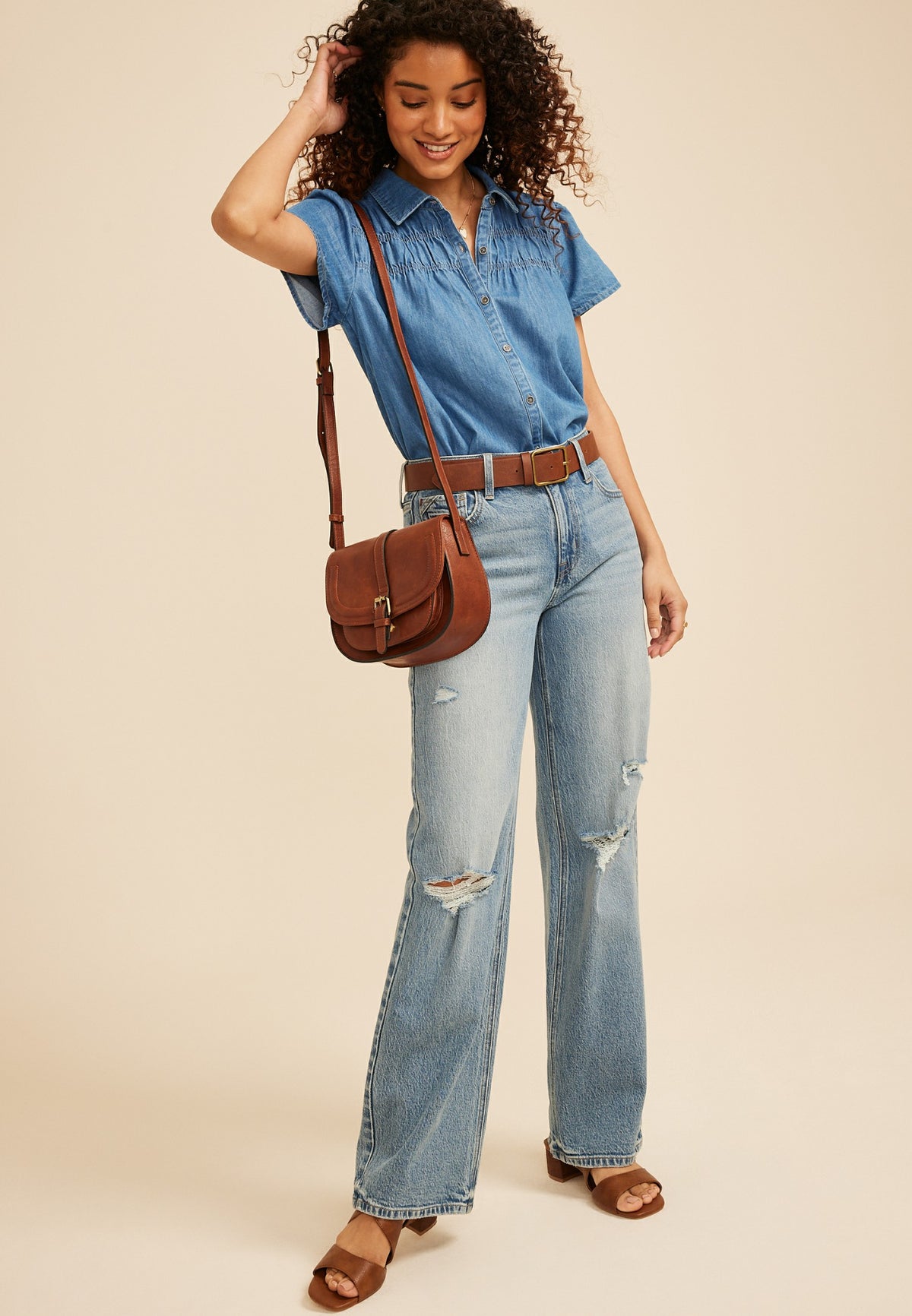 Chambray Button Front Collared Shirt