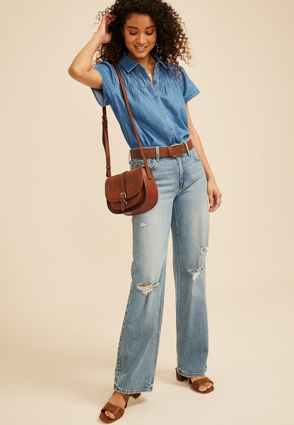 Chambray Button Front Collared Shirt