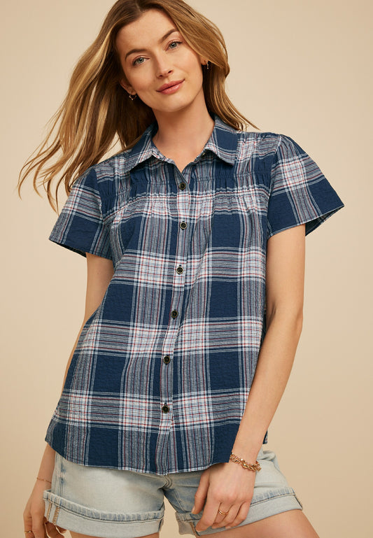 Blue Plaid Short Sleeve Button Down Shirt