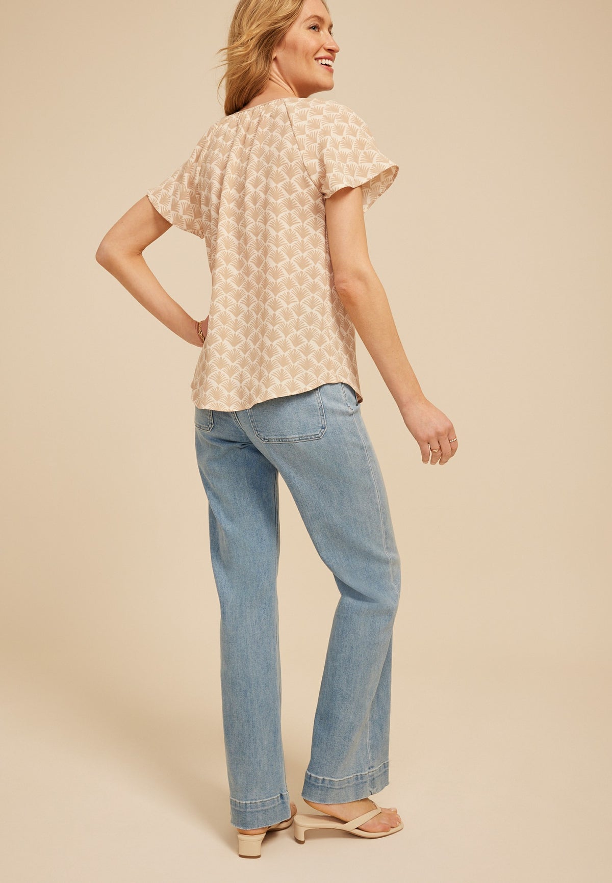 Deco Fan Notch Neck Flutter Sleeve Blouse
