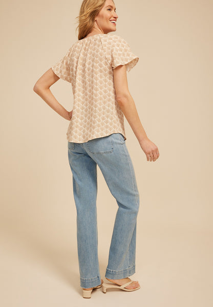 Deco Fan Notch Neck Flutter Sleeve Blouse
