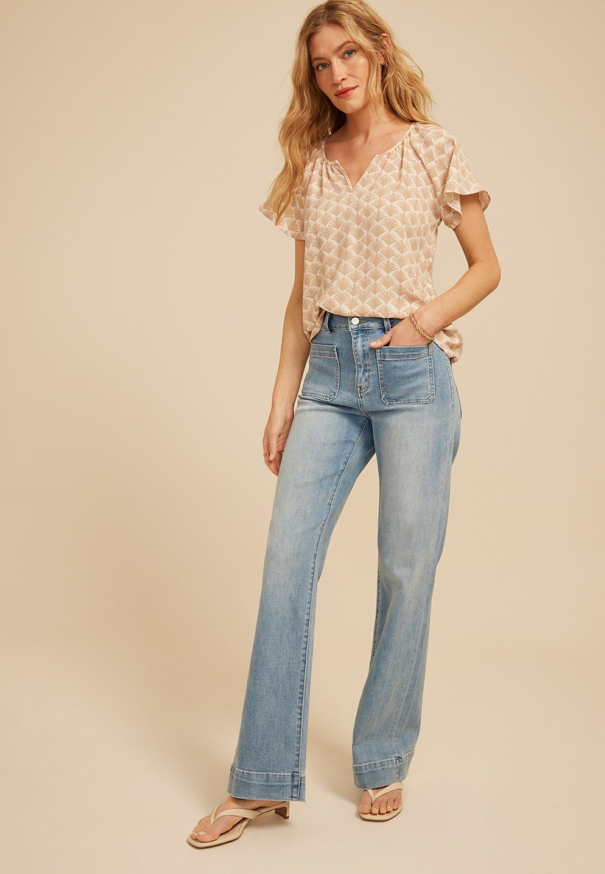 Deco Fan Notch Neck Flutter Sleeve Blouse