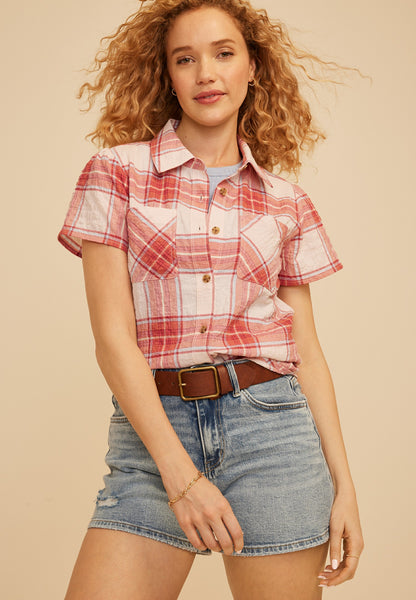 Red Plaid Short Sleeve Button Down Shirt