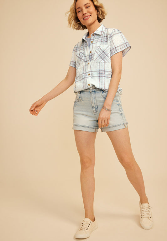 Plaid Cinched Short Sleeve Button Down Shirt
