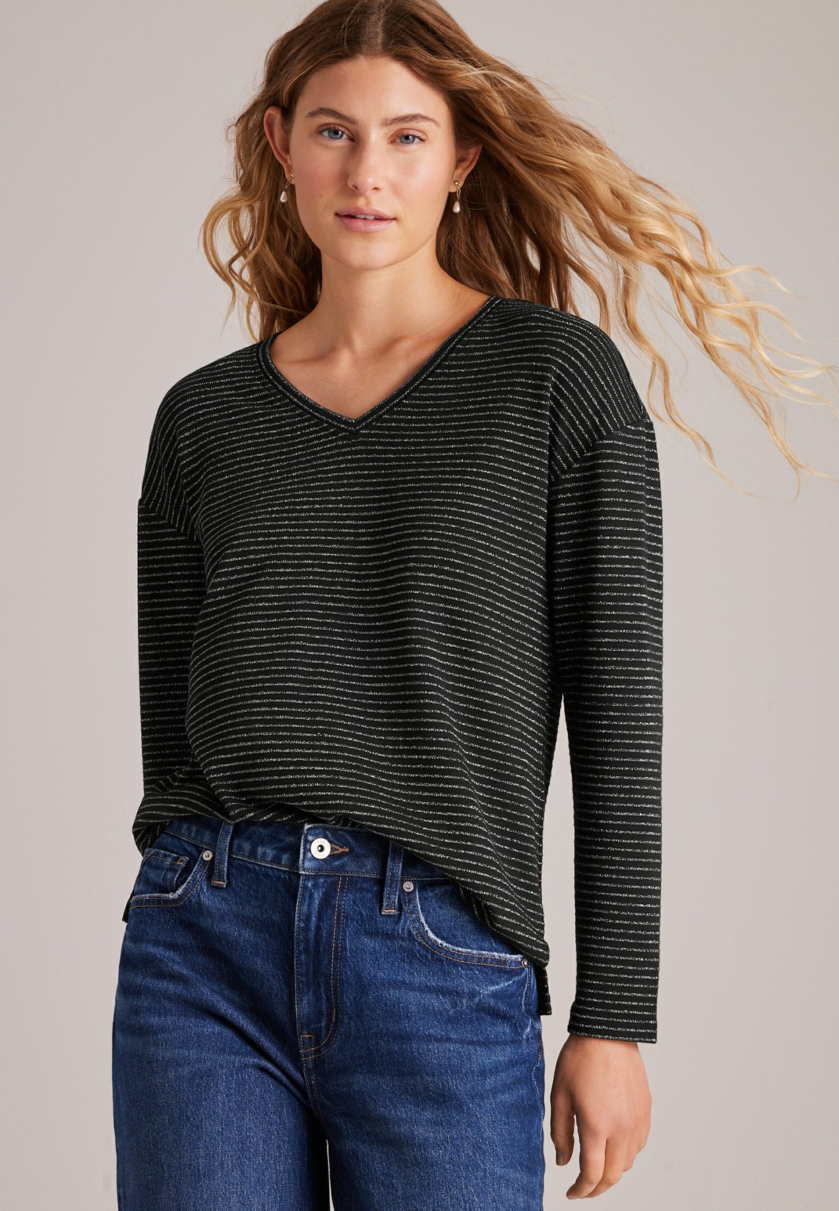 24/7 Ottoman Metallic Stripe Rib Long Sleeve Top