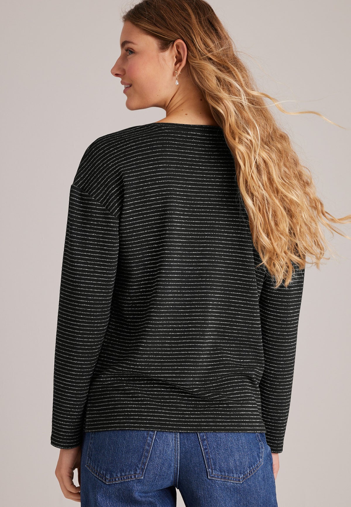 24/7 Ottoman Metallic Stripe Rib Long Sleeve Top