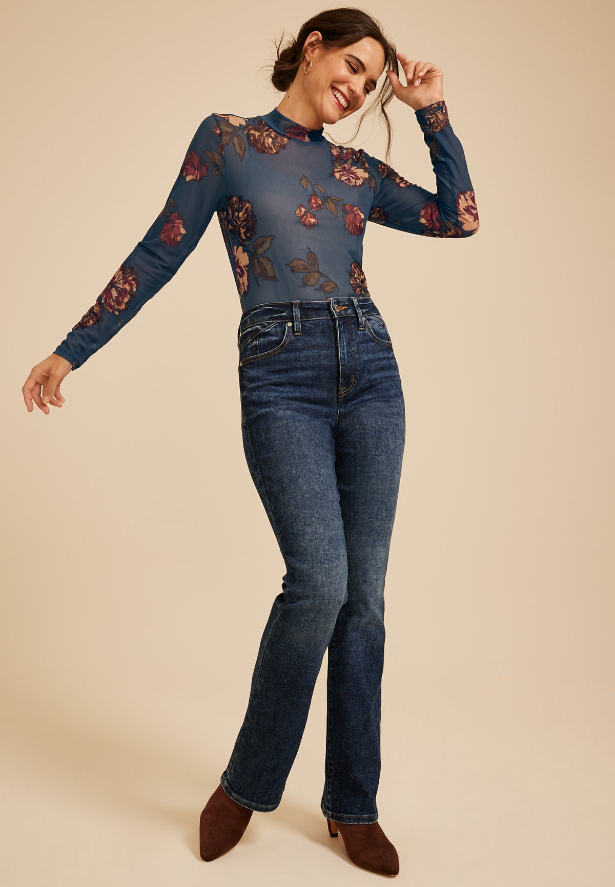 Floral Mesh Mock Neck Top