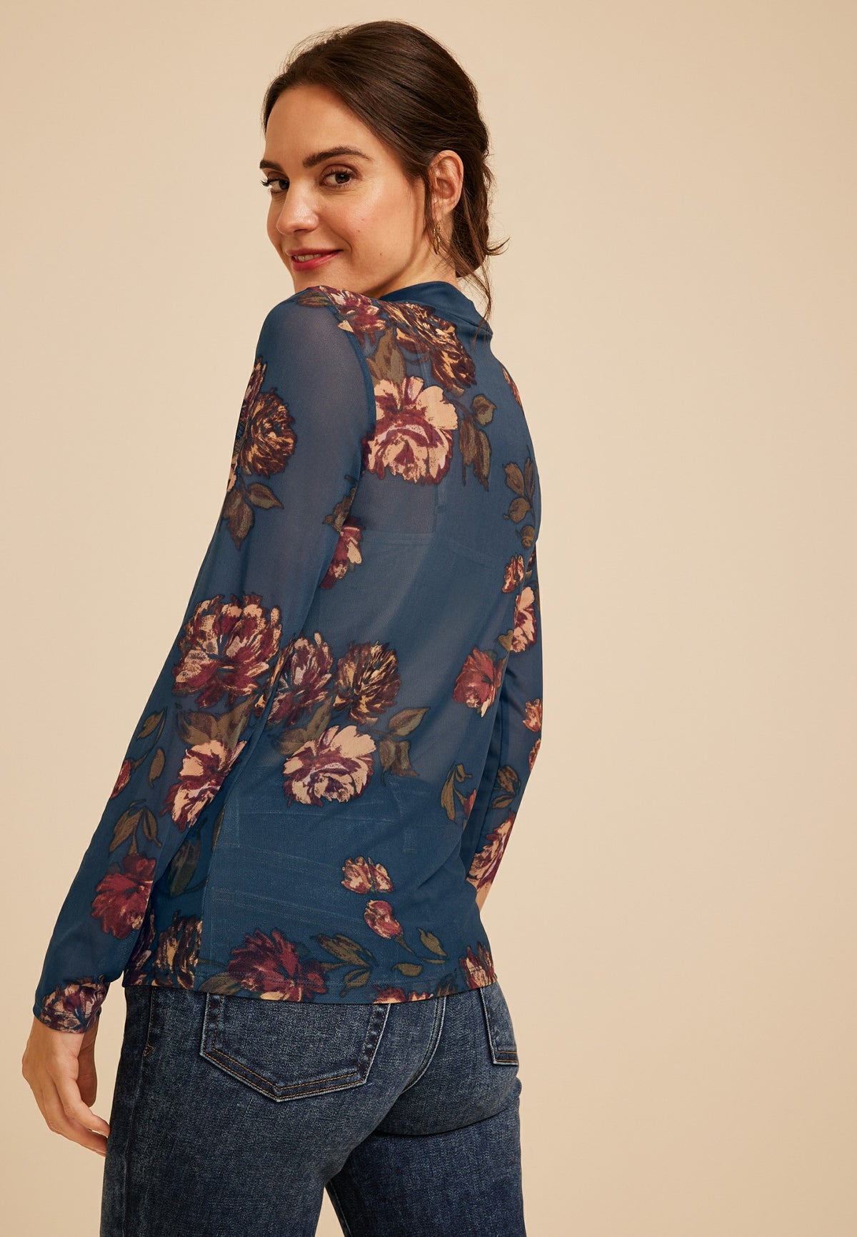 Floral Mesh Mock Neck Top