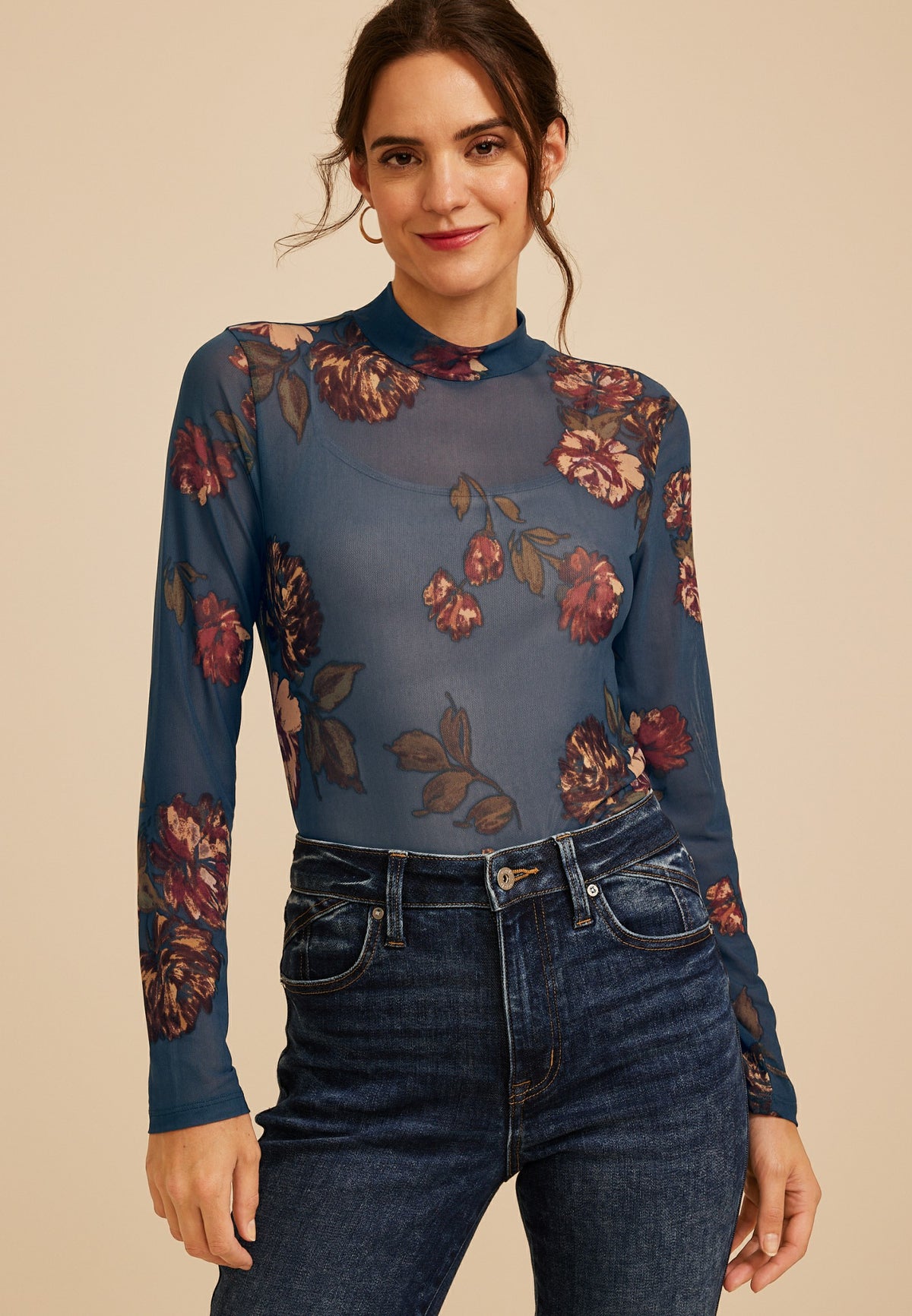 Floral Mesh Mock Neck Top