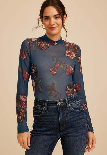 Floral Mesh Mock Neck Top
