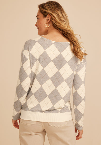 24/7 Dakota Argyle Banded Hem Top