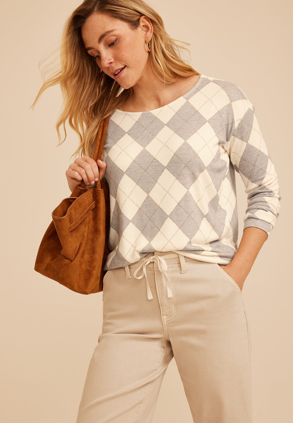 24/7 Dakota Argyle Banded Hem Top