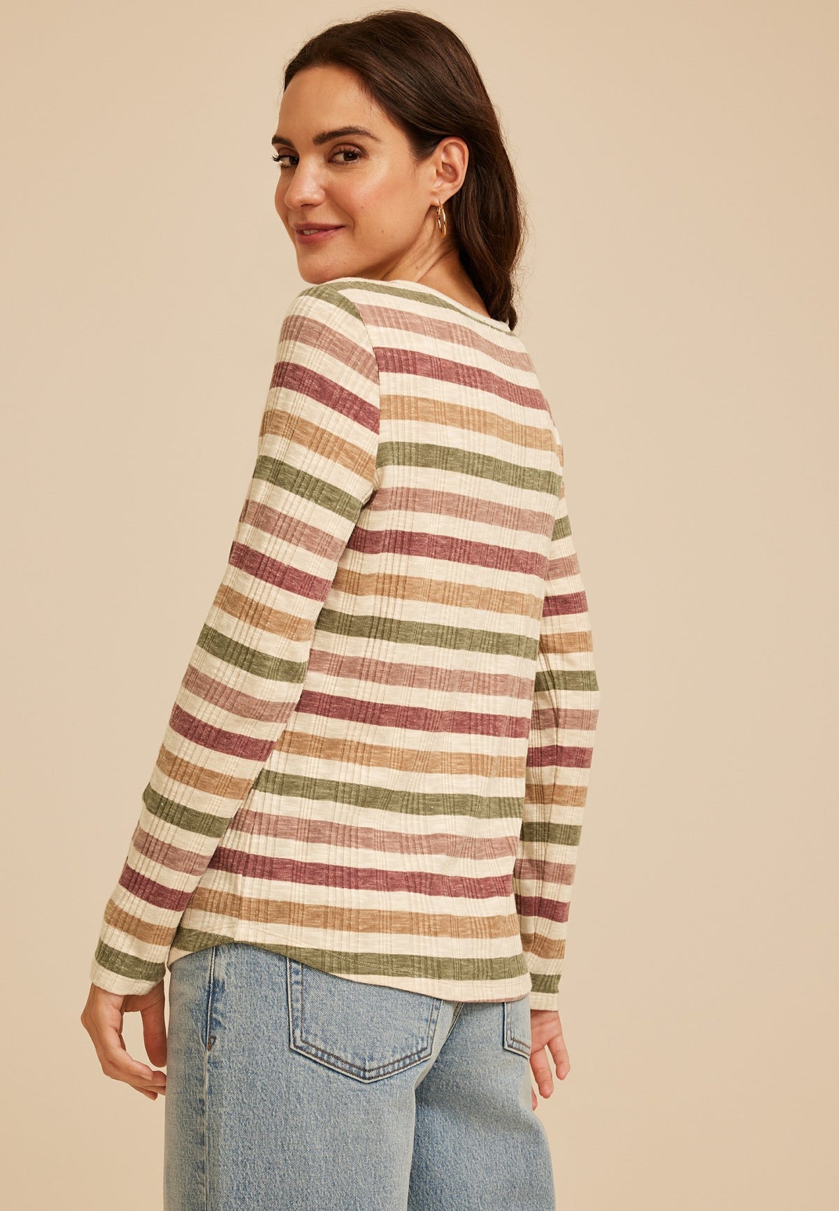 Variegated Striped Rib Henley Long Sleeve Top