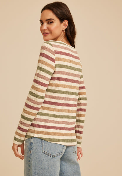 Variegated Striped Rib Henley Long Sleeve Top