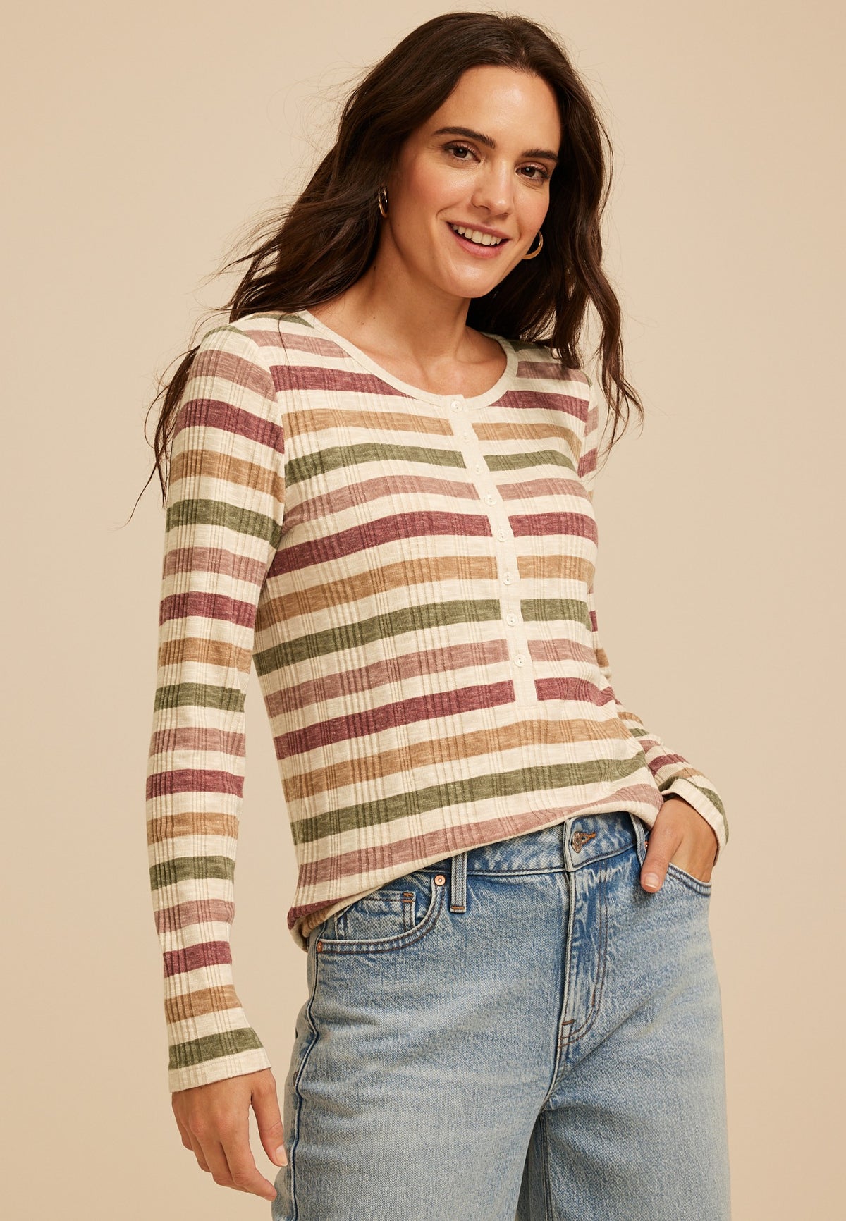Variegated Striped Rib Henley Long Sleeve Top