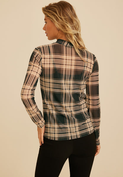 Plaid Mesh Mock Neck Top