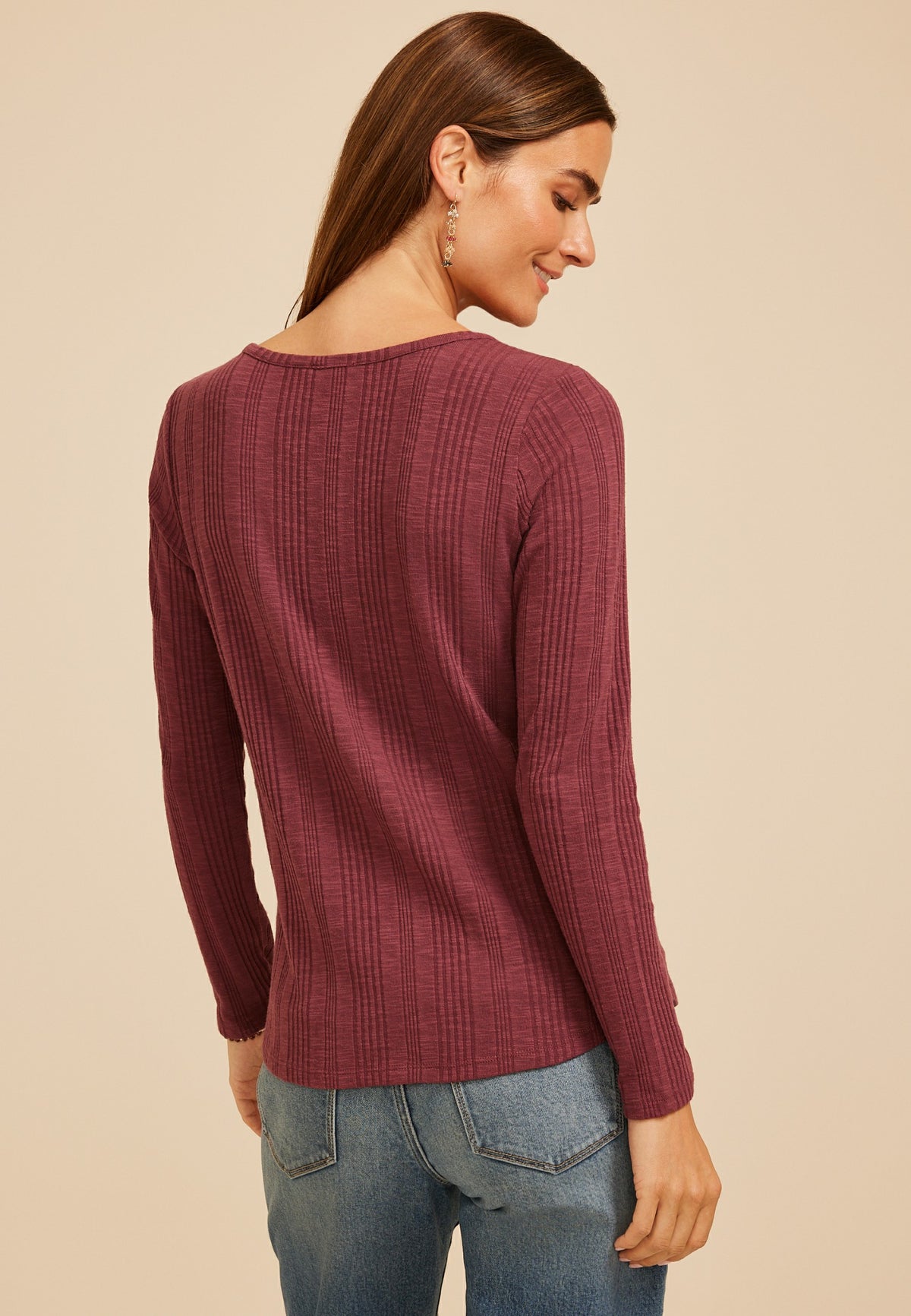 Variegated Rib Henley Long Sleeve Top
