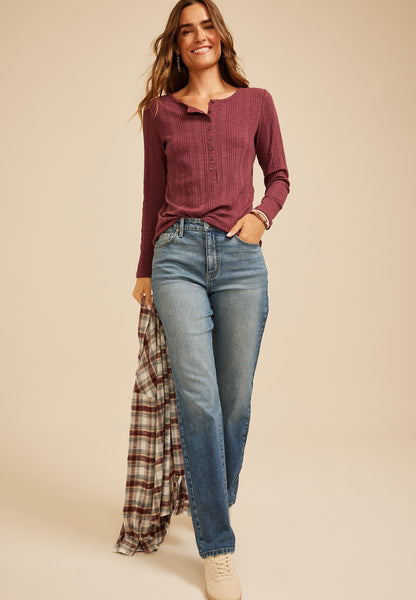 Variegated Rib Henley Long Sleeve Top