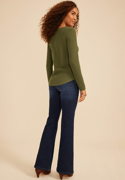 Lace Inset Waffle Knit Button Front Top