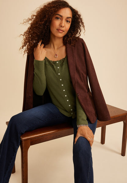 Lace Inset Waffle Knit Button Front Top