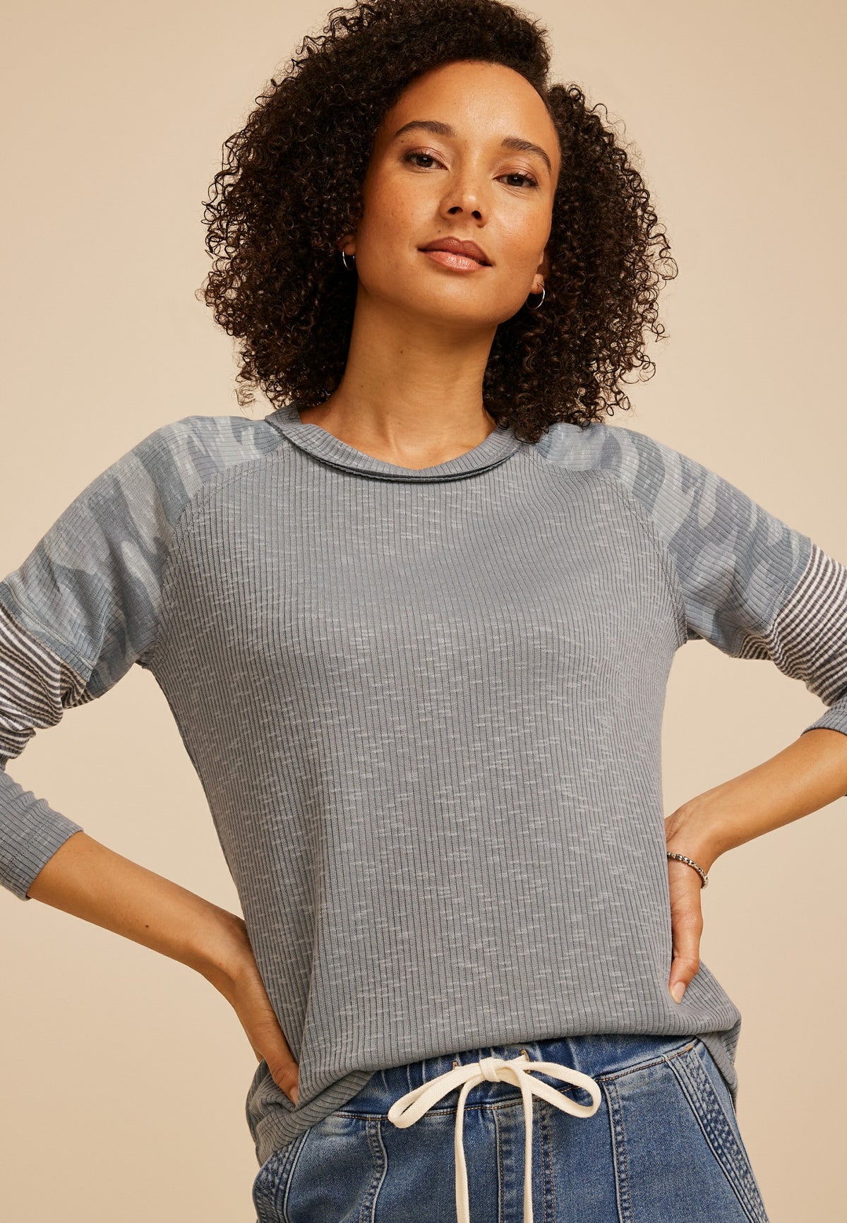 Camo Colorblock Ribbed Long Sleeve Tee