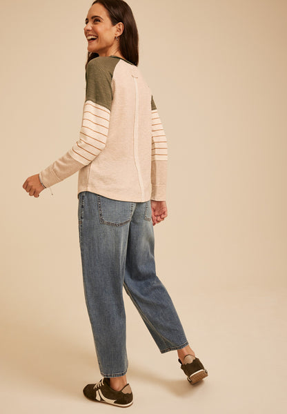 Colorblock Ribbed Striped Sleeve Raglan Tee