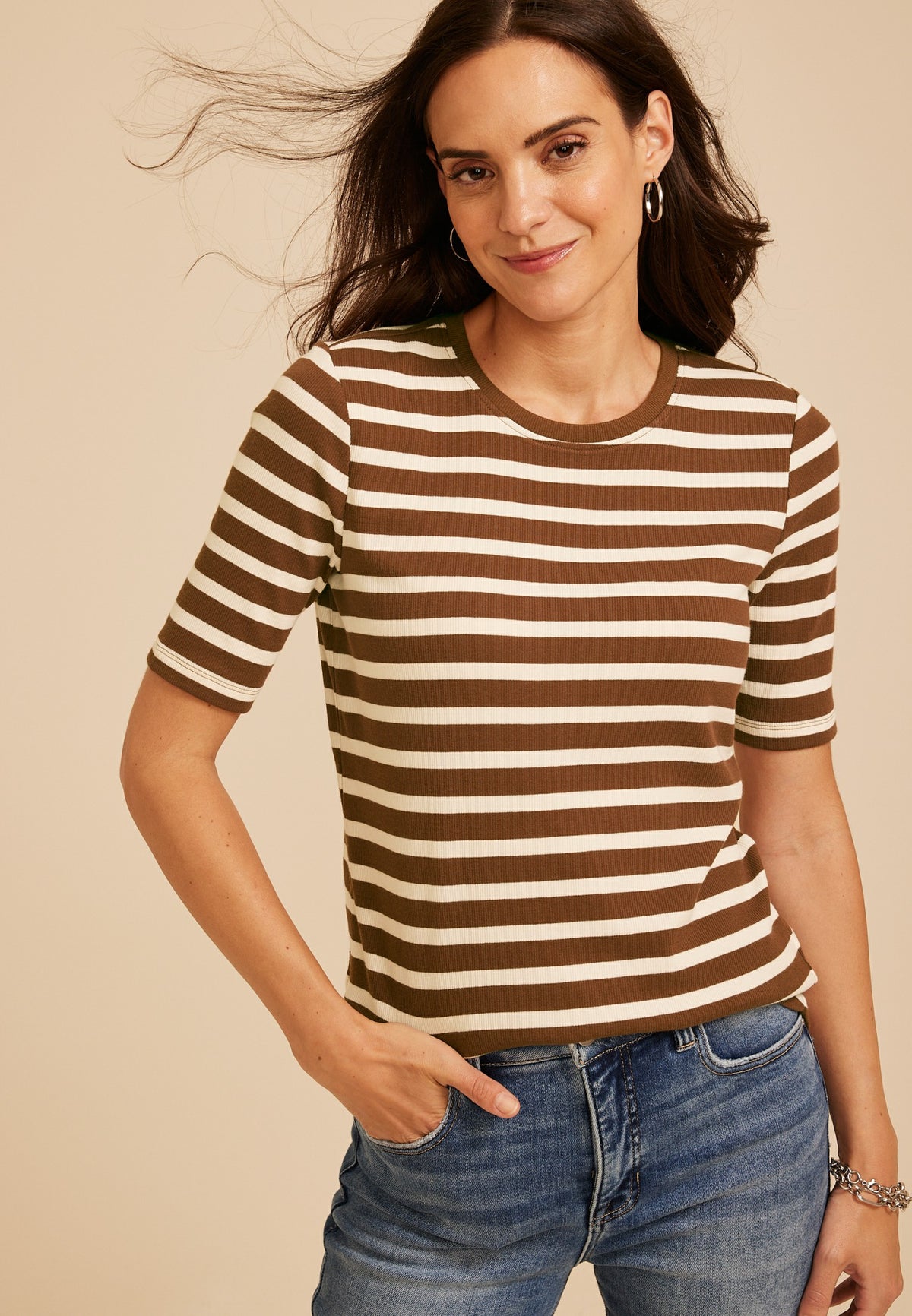 24/7 Striped Ribbed Elbow Sleeve Tee