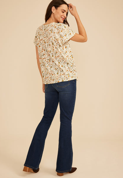 Floral Ruffle Trim Henley Top
