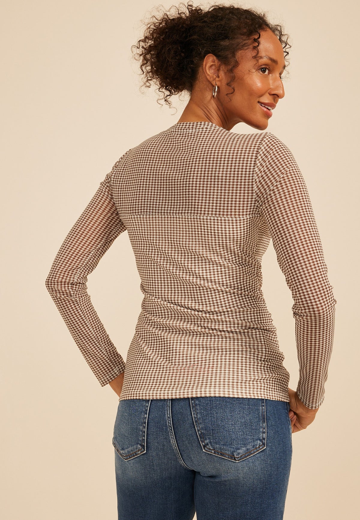 Gingham Mesh Long Sleeve Top