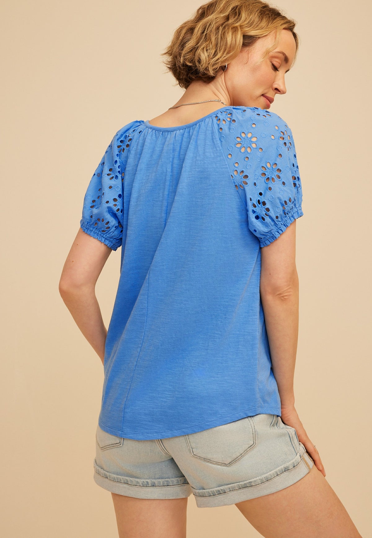 Mixed Media Eyelet Puff Sleeve Henley Tee