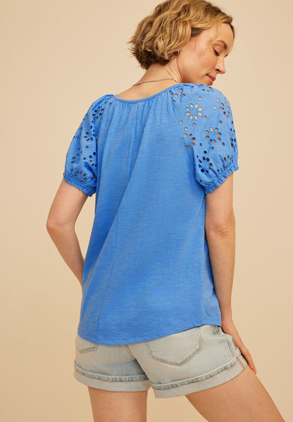 Mixed Media Eyelet Puff Sleeve Henley Tee