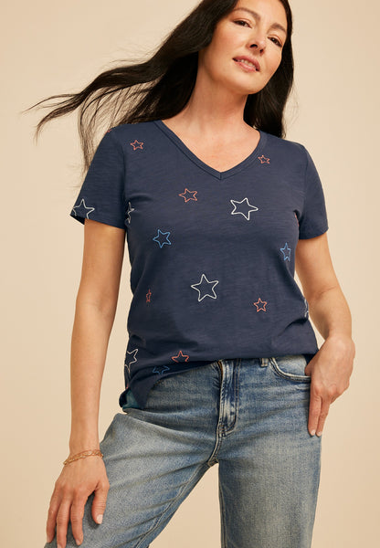 24/7 Dawson Americana Embroidered Star V Neck Tee