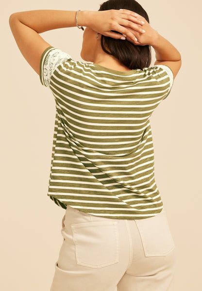 Striped Lace Sleeve Crew Neck Tee