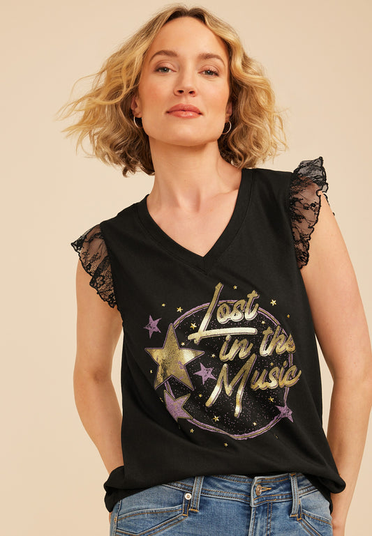 Lost In The Music Lace Trim Classic Fit Graphic Tee
