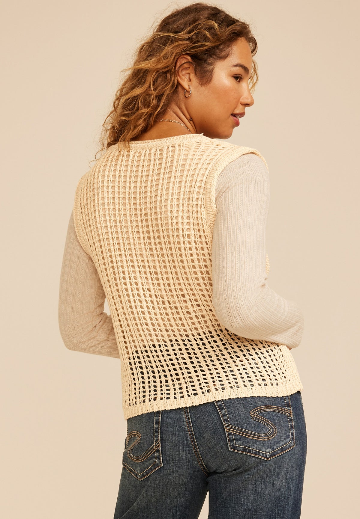 Open Stitch Button Front Sweater Vest
