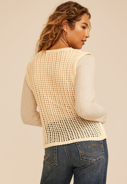 Open Stitch Button Front Sweater Vest