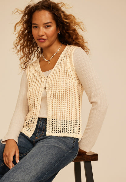 Open Stitch Button Front Sweater Vest