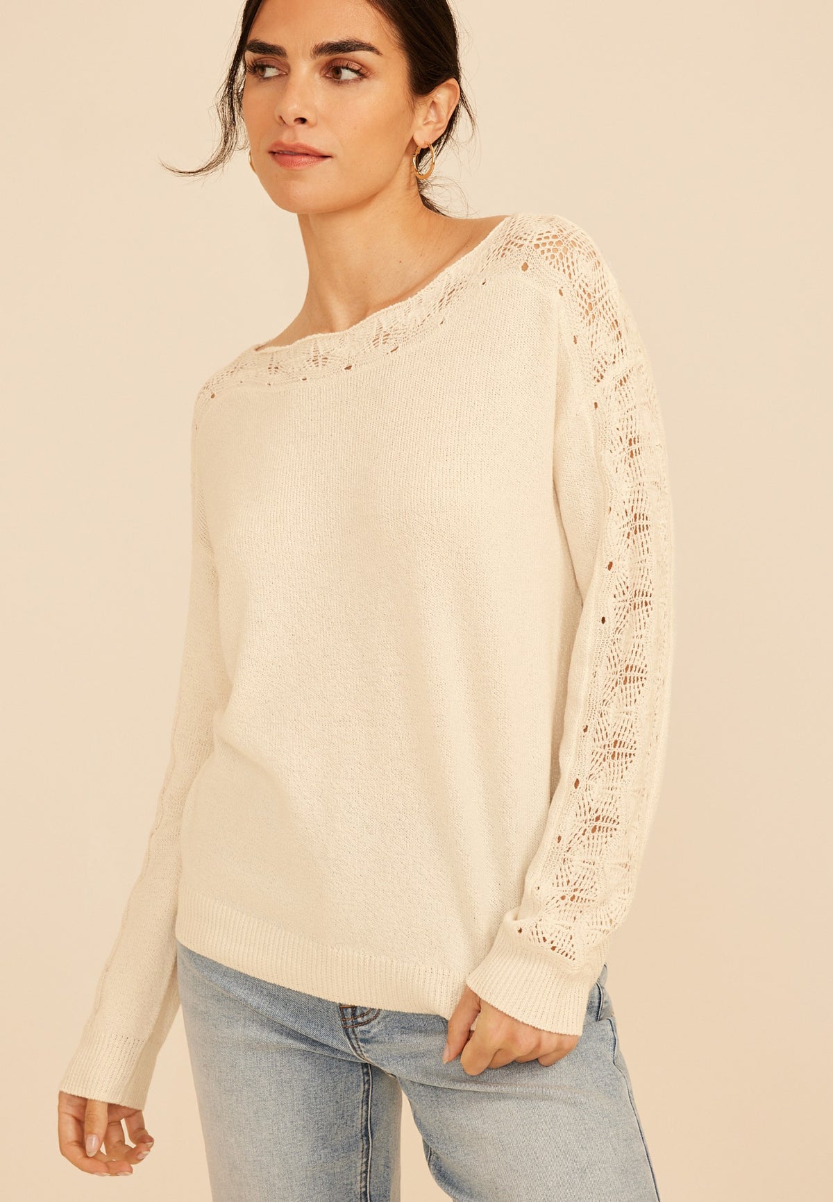 Lace Pointelle Trim Boat Neck Sweater