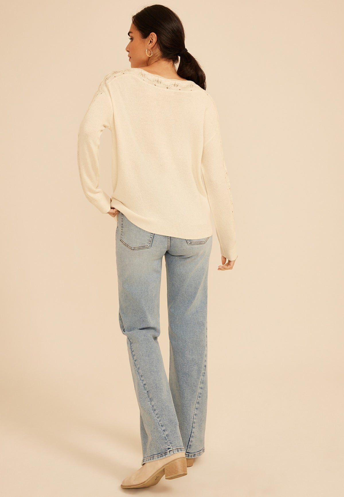 Lace Pointelle Trim Boat Neck Sweater