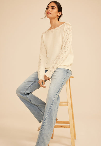 Lace Pointelle Trim Boat Neck Sweater